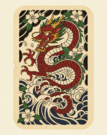Coiling Dragon tattoo design — Coiling dragon among waves and blossoms — power and protection.