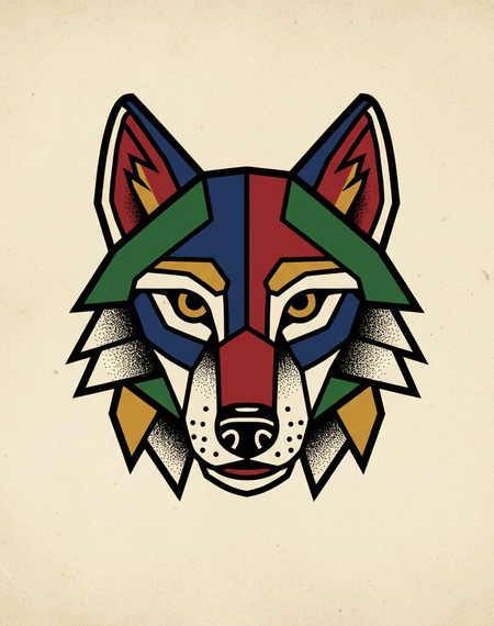 Geometric Wolf tattoo design — Low-poly wolf head — instinct sharpened into geometry.